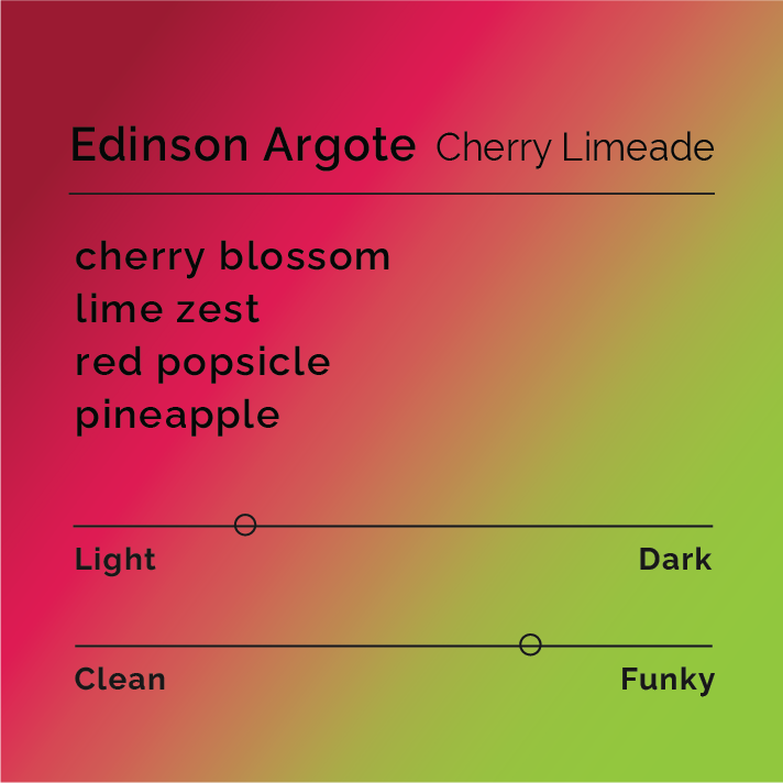 Product label for Edinson Argote - Cherry Limeade with flavor description, higher funk, and lighter roast, on a color gradient background.