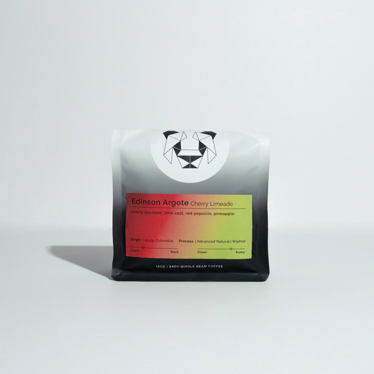 a bag of coffee on a white backdrop with a colorful gradient on it that says Edison Argote Cherry limeade on it.