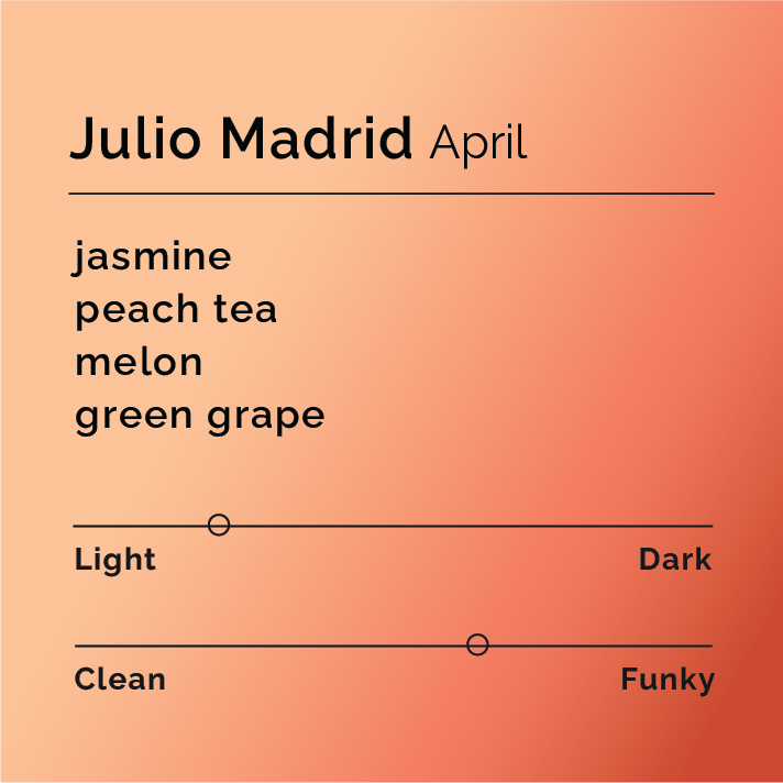 Product label for Julio Madrid - April with flavor description, mild funk, and lighter roast, on a color gradient background.