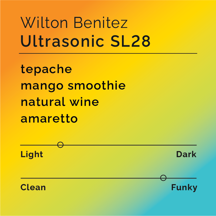 Product label for Wilton Benitez - Ultrasonic SL28 with flavor description, high funk, and lighter roast, on a color gradient background.