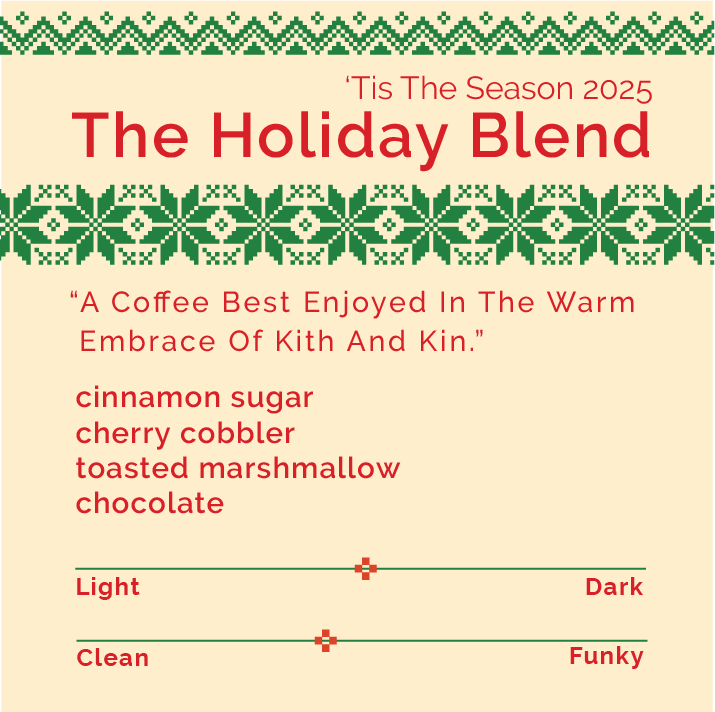 Holiday Blend 'Tis The Season 2025 coffee label with knitted-sweater border, tasting notes, roast sliders, and tagline celebrating shared moments during the holidays.
