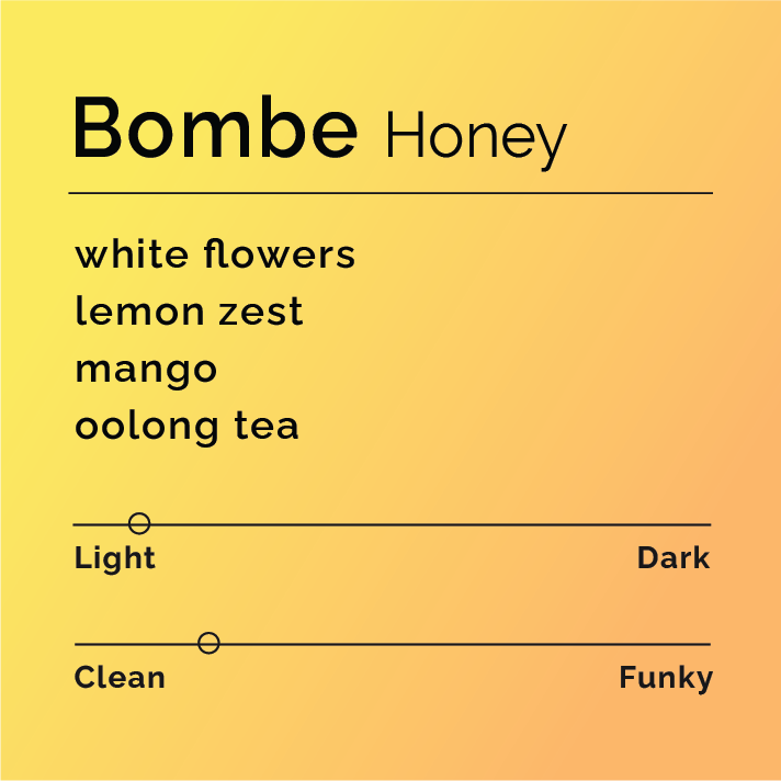 Product label for Bombe - Honey with flavor description, clean funk, and lighter roast, on a color gradient background.