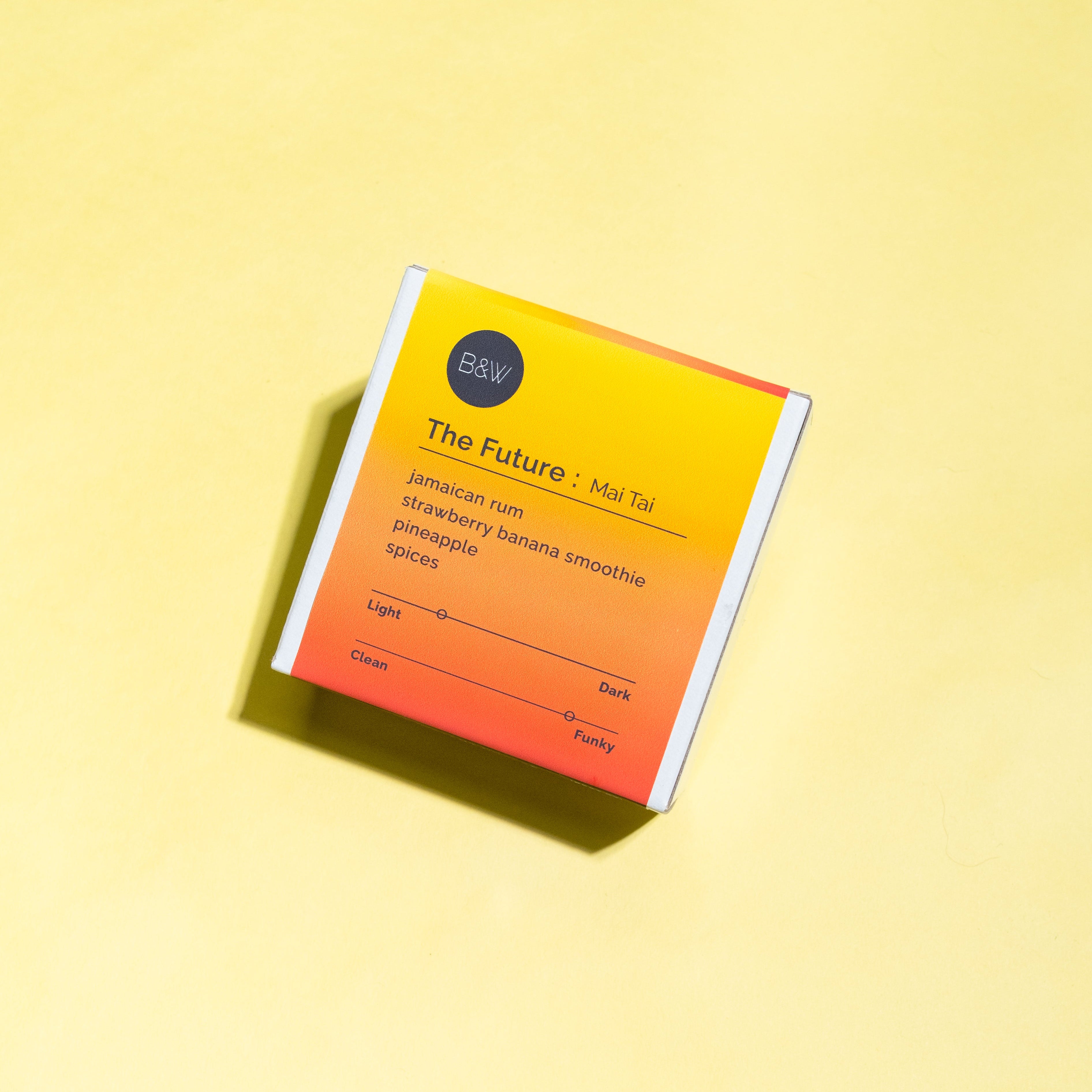 Packet with The Future: Mai Tai label, featuring flavor notes like Jamaican rum and strawberry banana smoothie. Instant coffee inspired by tropical cocktails.