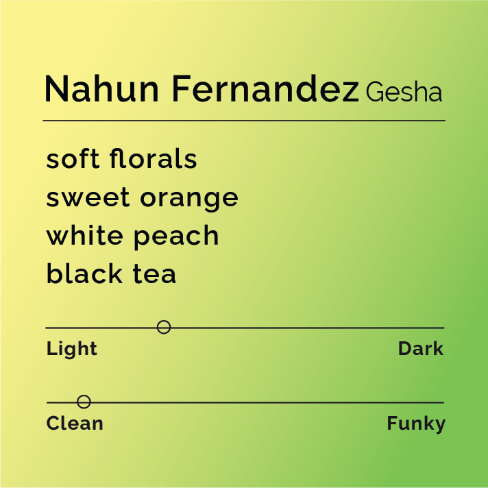 Product label for Nahun Fernandez - Gesha with flavor description, light funk, and lighter roast, on a color gradient background.