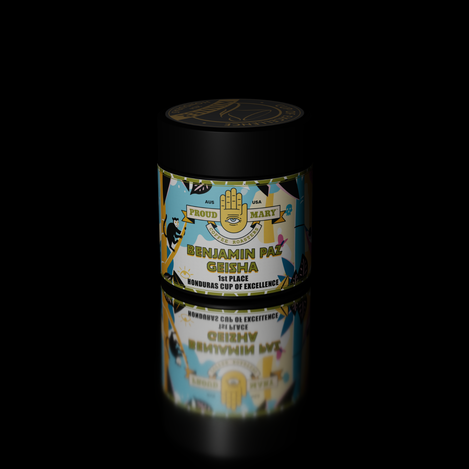 Benjamin Paz CoE #1 - Roasters Collab Box Set featuring a container with a monkey silhouette, highlighting an award-winning coffee collaboration from four renowned roasters.
