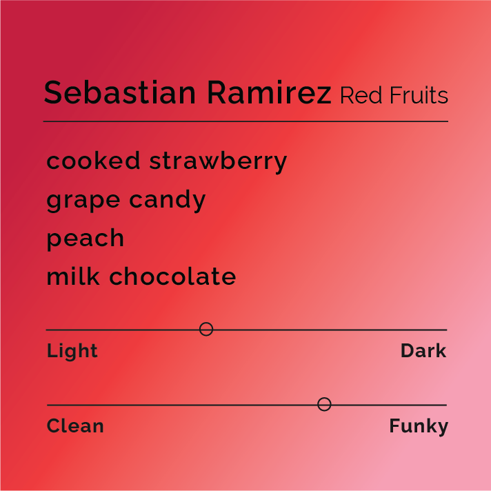 Sebastian Ramirez – Red Fruits coffee flavor card with tasting notes of cooked strawberry, grape candy, peach, and milk chocolate; light roast, funky profile.