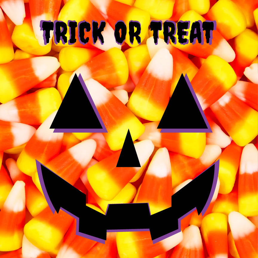 Trick or Treat Variety Pack Instant Coffee with a jack-o’-lantern face overlaying candy corn, highlighting a Halloween-inspired coffee selection.