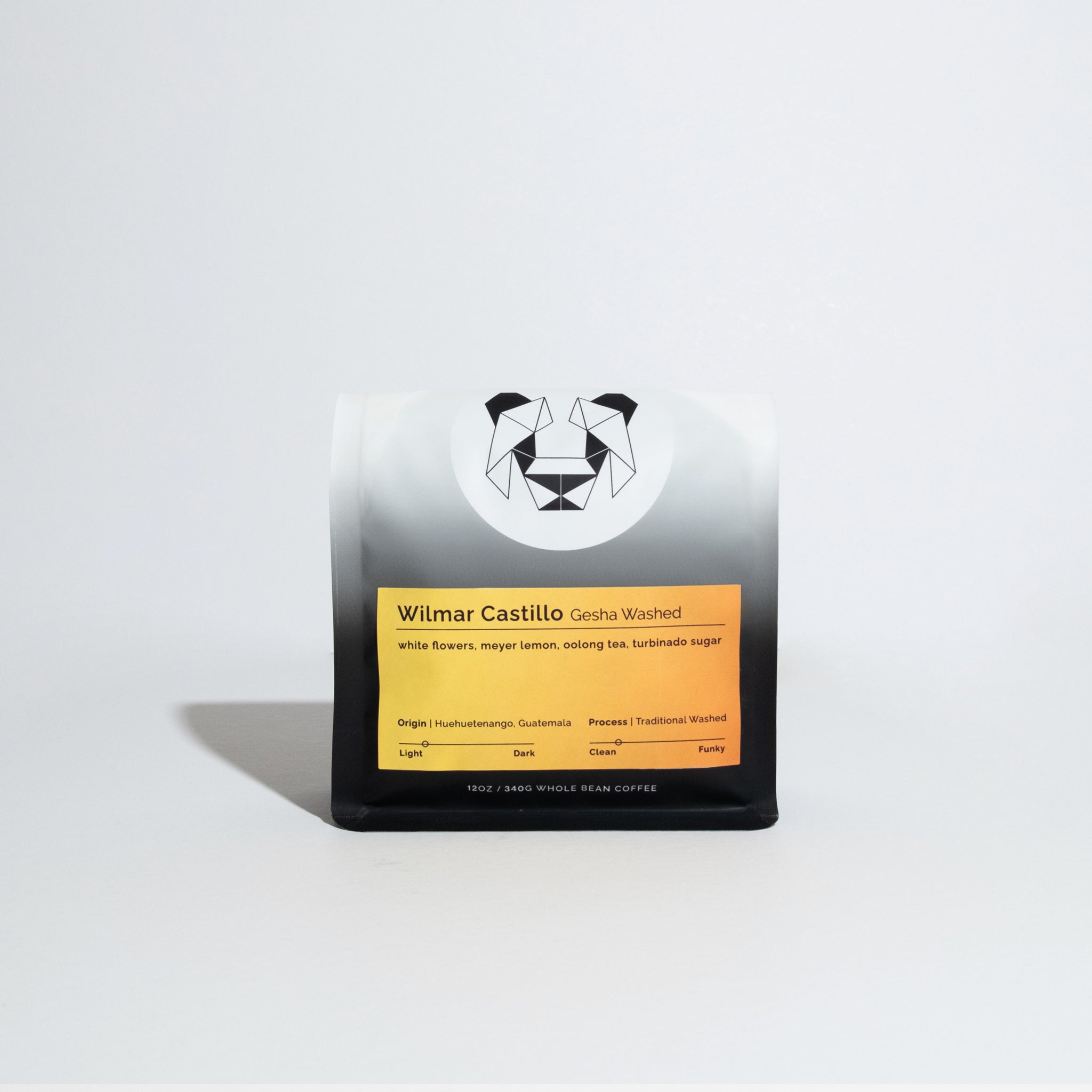 Wilmar Castillo Gesha Washed coffee beans bag showing gradient packaging, origin Huehuetenango, Guatemala, tasting notes, and geometric logo.